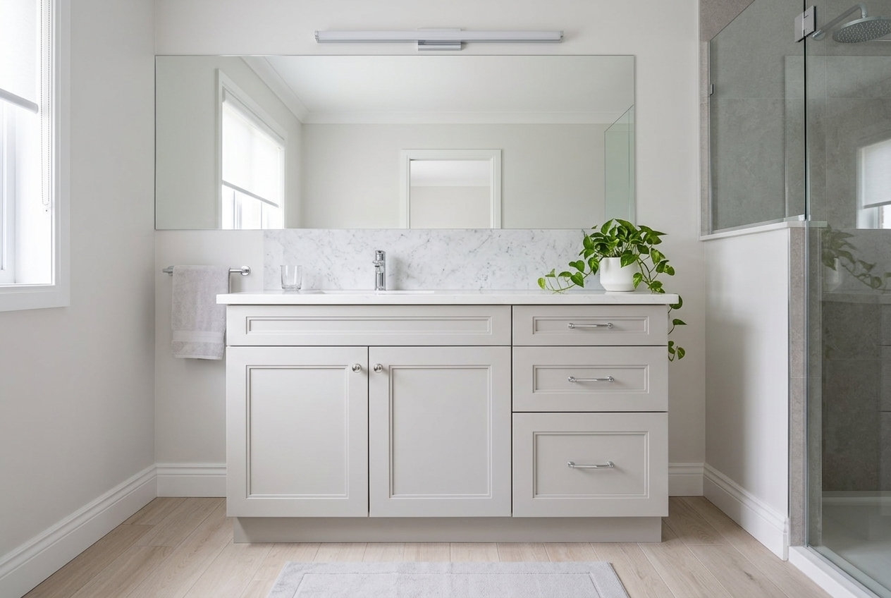 Bathroom vanity in a calm, finished room